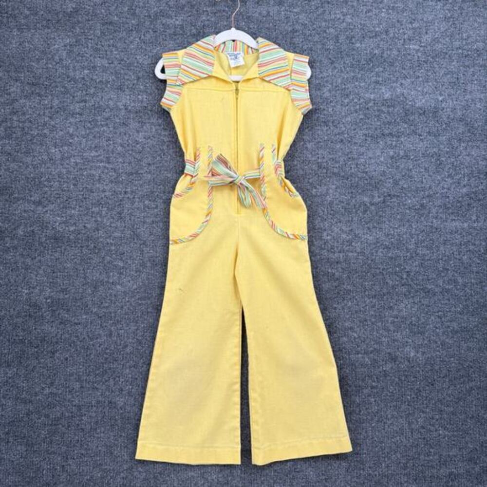 Vintage 70s Kingston Girls Jumpsuit Yellow Striped Collar Belted Wide Leg Zip Up